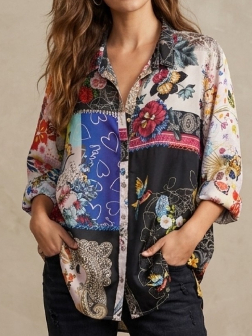 Johnny Was Zippy Julia Silk Patchwork Button Up Blouse Floral Hummingbird Hearts